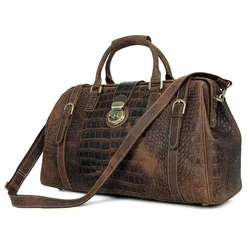 Dark Brown Men Gym Bag Crocodile Embossed Pattern Sport Genuine Leather Duffle Bag Weekender Woman Travel Bag