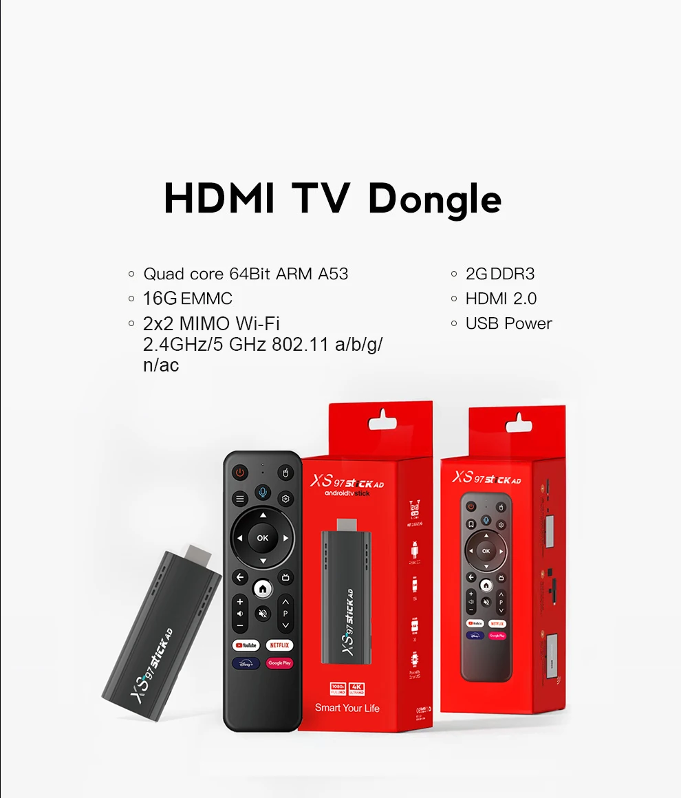 2024 Hot Style Allwinner Remote Control 2Gb+16Gb H313 XS97 STICK AD  IPTV 4K TV stick With High Click