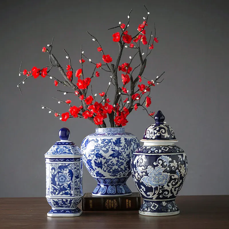 Hand-Painted Blue White Ceramic Vase New Chinese Style Exquisite Flower Pot Living Room Decorative Stone General Jar Tea Pot