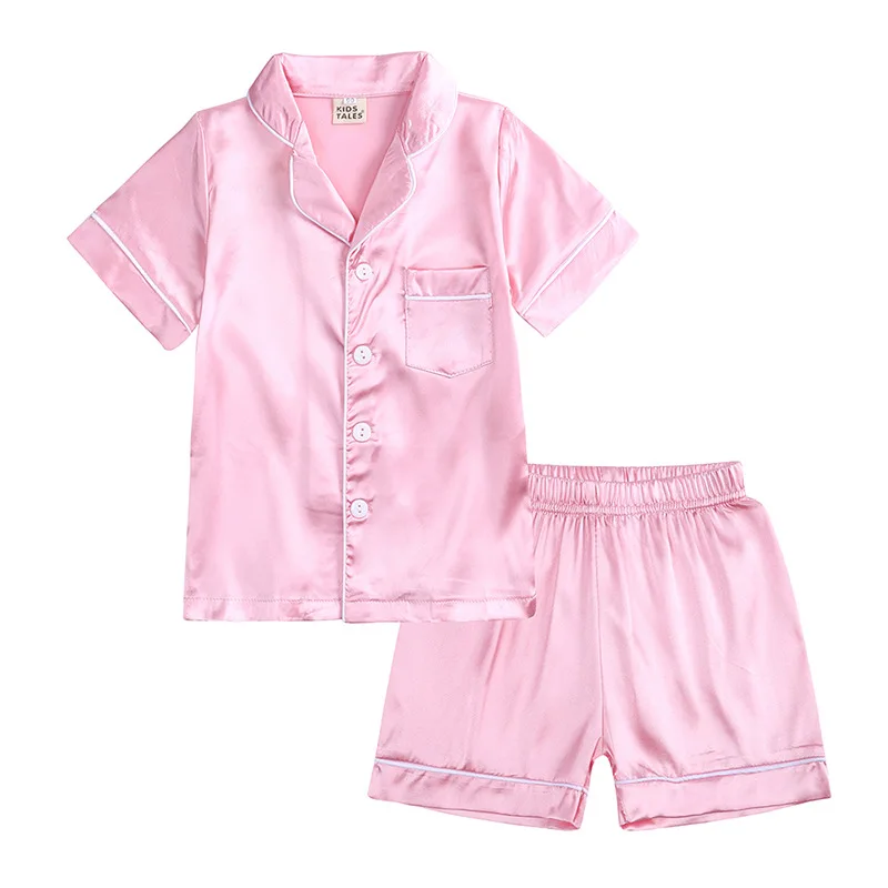 Ready to Ship Pajama Set for Kid Baby Boy Girl Button-up Silk Pajama Sleepwear Nightwear Loungewear Clothes Set Gifts for Kids