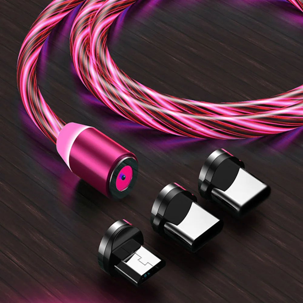High Quality Braided Magnetic Usb Type C 3A Fast Charging 3 In 1 Rotation Magnetic Charging Cable Visible Flowing Led Light