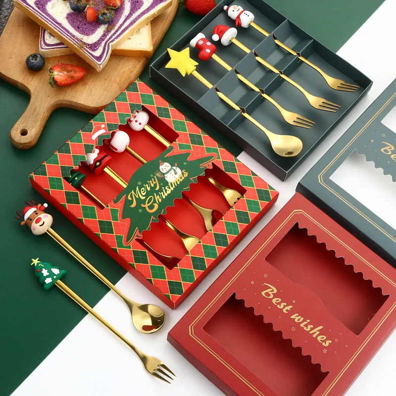 Christmas doll spoon cartoon creative stainless steel dessert spoon Coffee spoon fruit fork Santa gifts