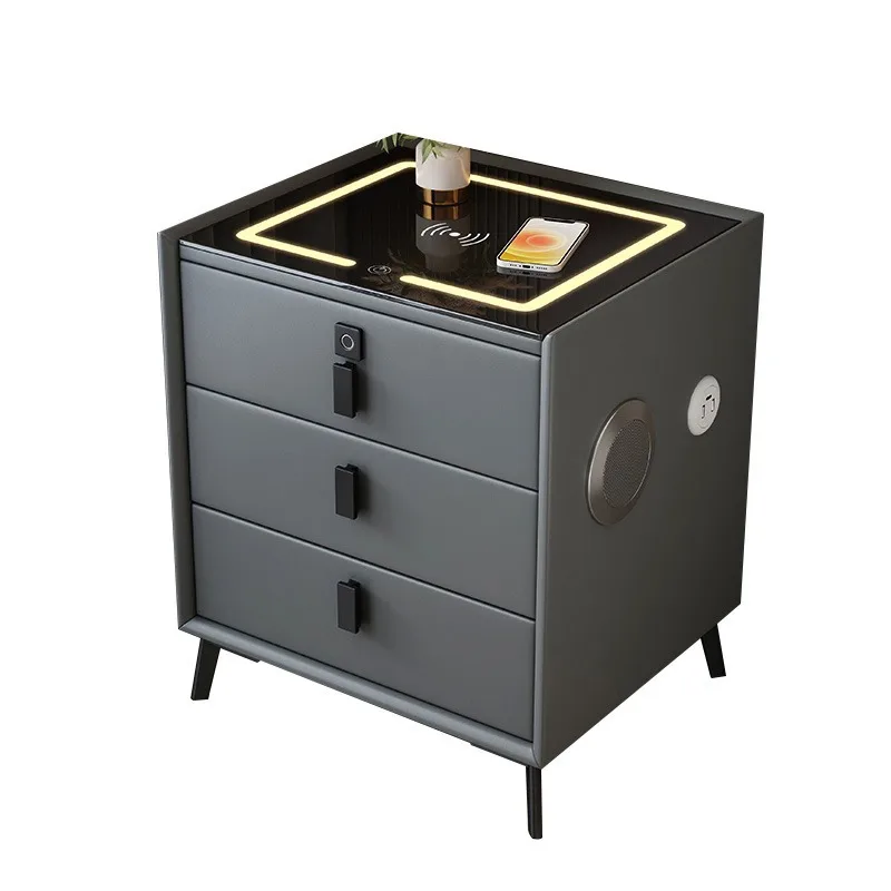 Smart Wooden Safe Luxury Modern With Three Drawer Leather Multifunctional Smart Bedside Table With Speakers