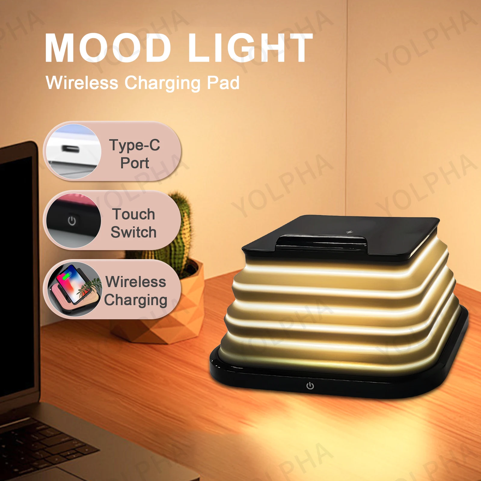 Foldable Moonlight Bedside Night Light Color-changing Touch Button Wireless Charger for IPhone Samsung Room Decoration Desk Lamp