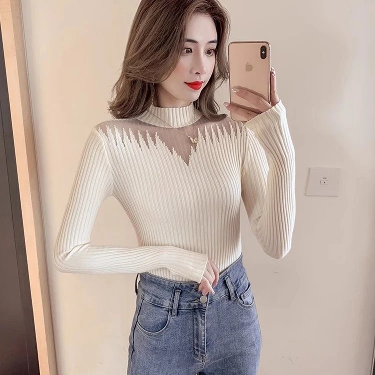 Spring and Autumn Slim-fitting sweater with fashionable mesh splicing half turtleneck bottoming shirt knitted pullover for women