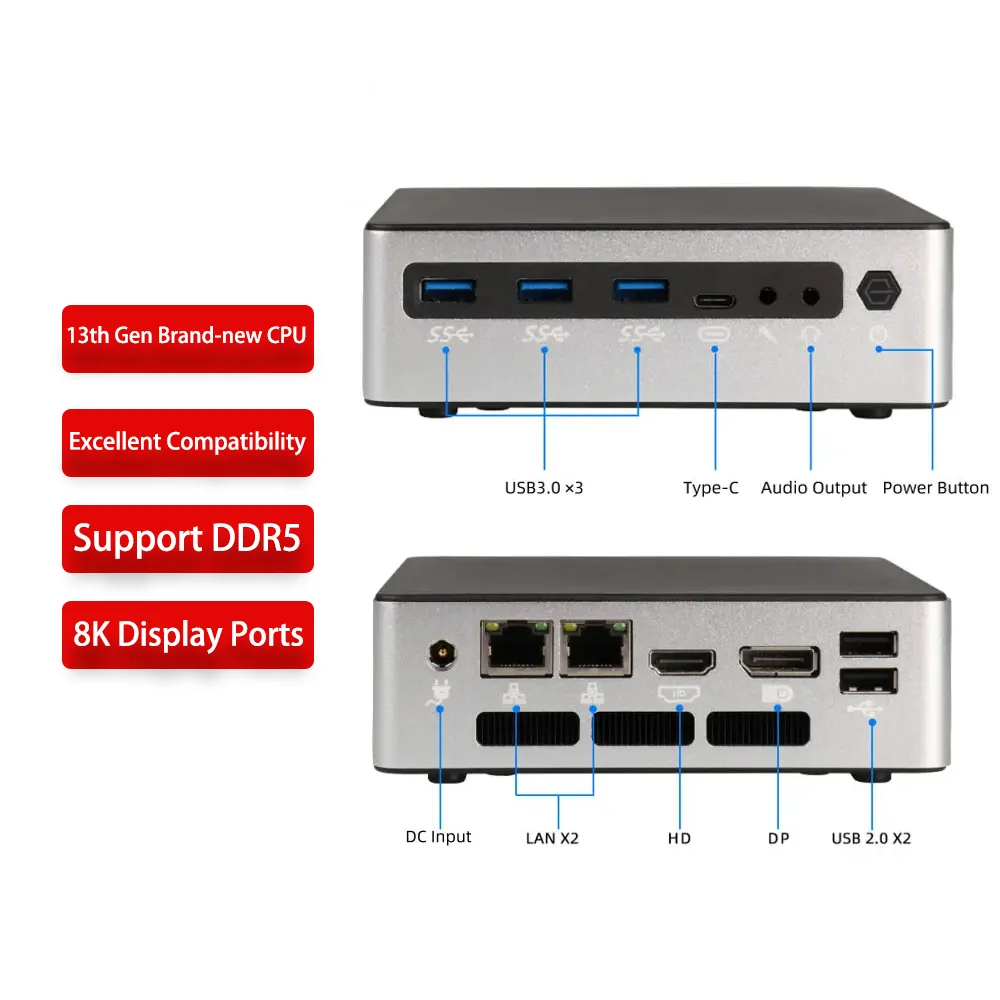 Intel  Core i5 1340P 13th Gen  Nuc Nano Small Micro PC Mini Computer PC X86 2 Ethernet Lan Windows 10 11 Linux Ubuntu DDR5 Mini