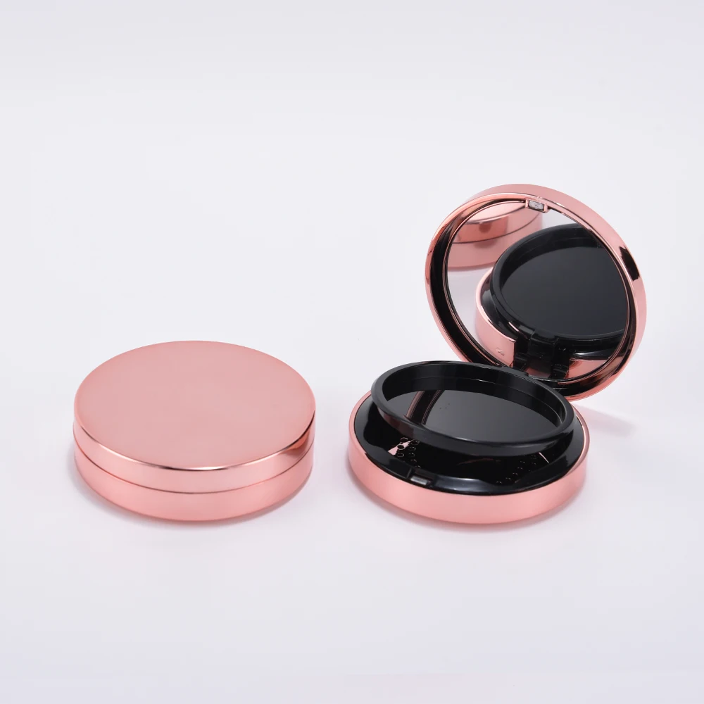 low moq 2021 private label beautiful plastic round magnet rose gold empty makeup compact powder case with mirror