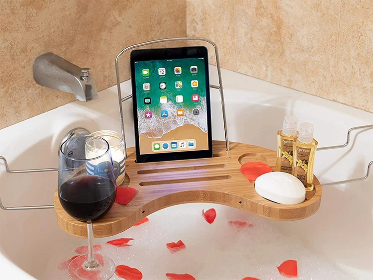 Luxury Expandable Tub Organizer Detachable Tablet Backrest  Wine Glass Holder Smartphone Holder Bamboo Bathtub Caddy Tray