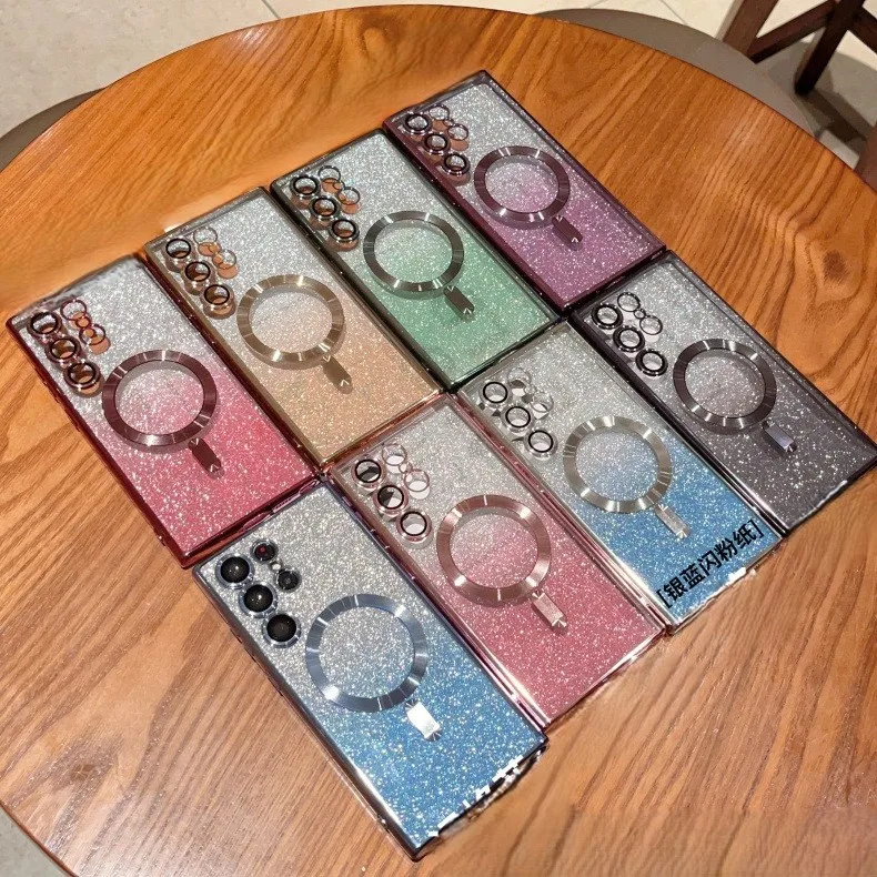 Luxury Glitter Transparent Magnetic Phone Case For Samsung Galaxy S24 Ultra S23 S22 S21 Plus Clear Glossy Shockproof Back Cover