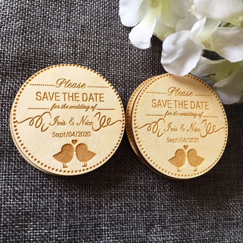 custom personalized engraved save the date magnetic fridge sticker wooden wedding card
