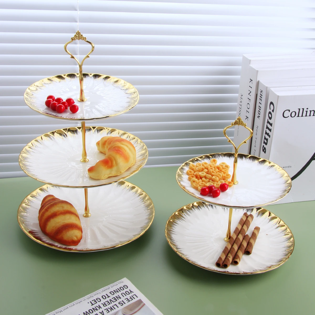 Ceramic Fruit Plate Household Dried Fruit Tray Hotel Cafe Snack Plate Gold Edge Grain Snack Plate
