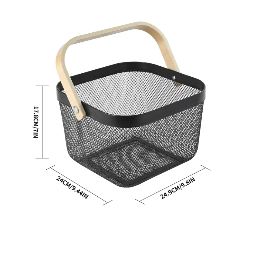 Mesh Steel Fruit Basket Bin with Wood Handle Hanging Storage Organizer Farmhouse Harvest Gardening Basket