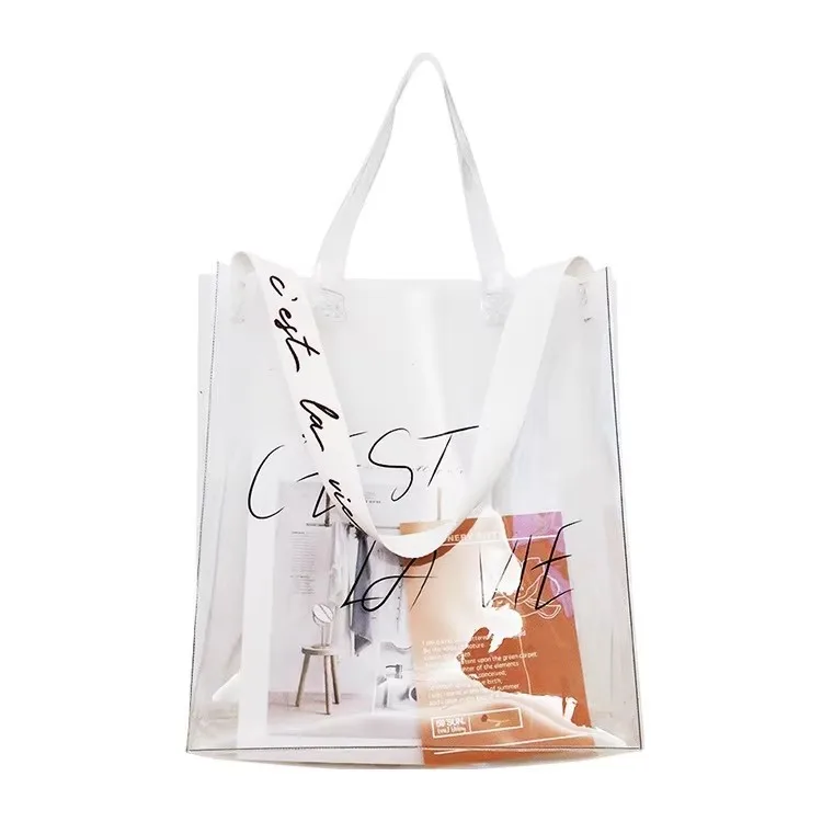 Custom Logo Webbing Handle PVC Clear Shopping Bag Waterproof Gift Plastic Bags Transparent Beach Tote Bag