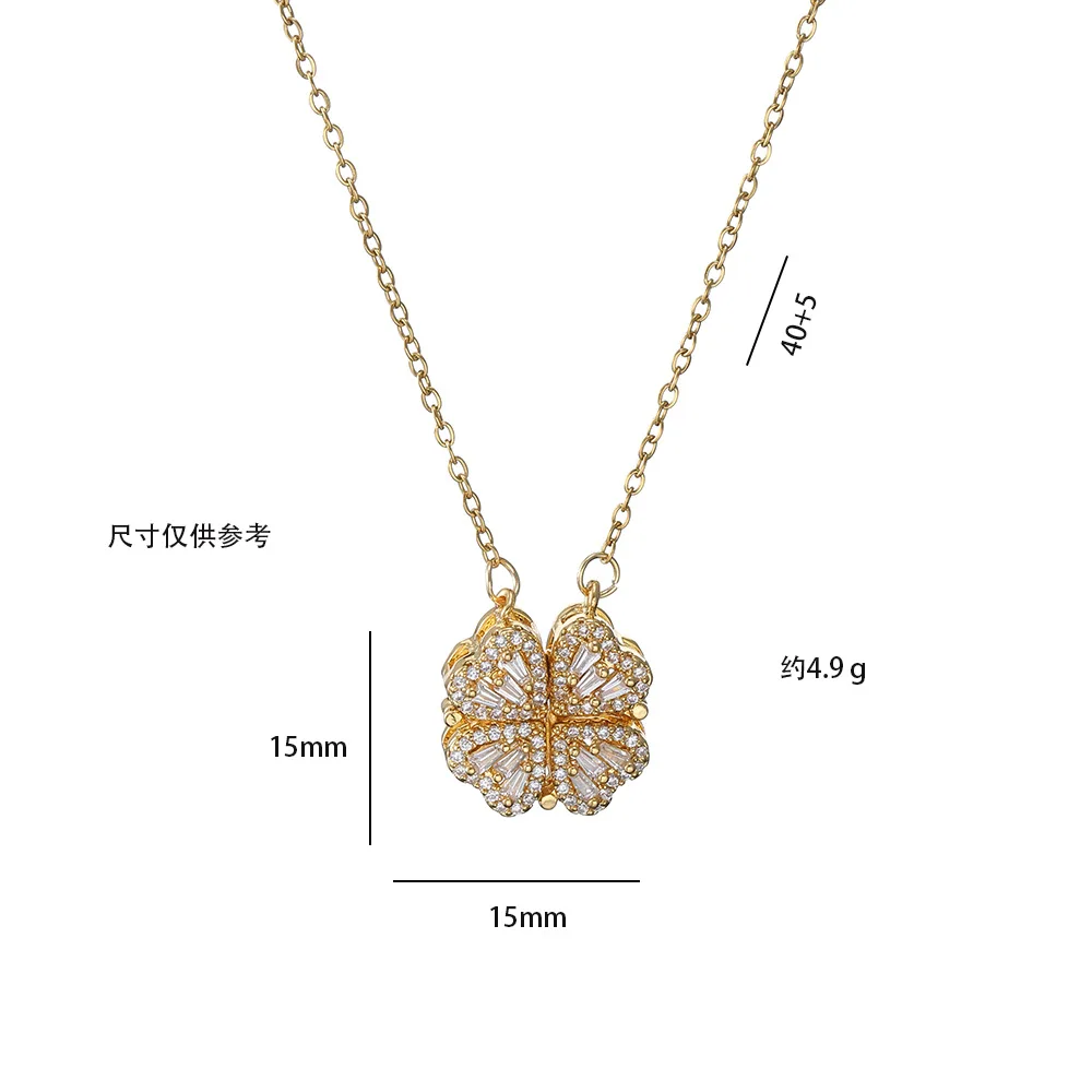 Exquisite Stainless Steel Four Leaf Clover Necklace Women Girl Zircon Gold Chain Magnet Love Heart Pendant Choker Jewelry Gift