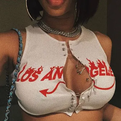 
2021 New Arrivals Night Club Wear Sexy White Hollow Pin Vest Red Printed Crop Top woman 