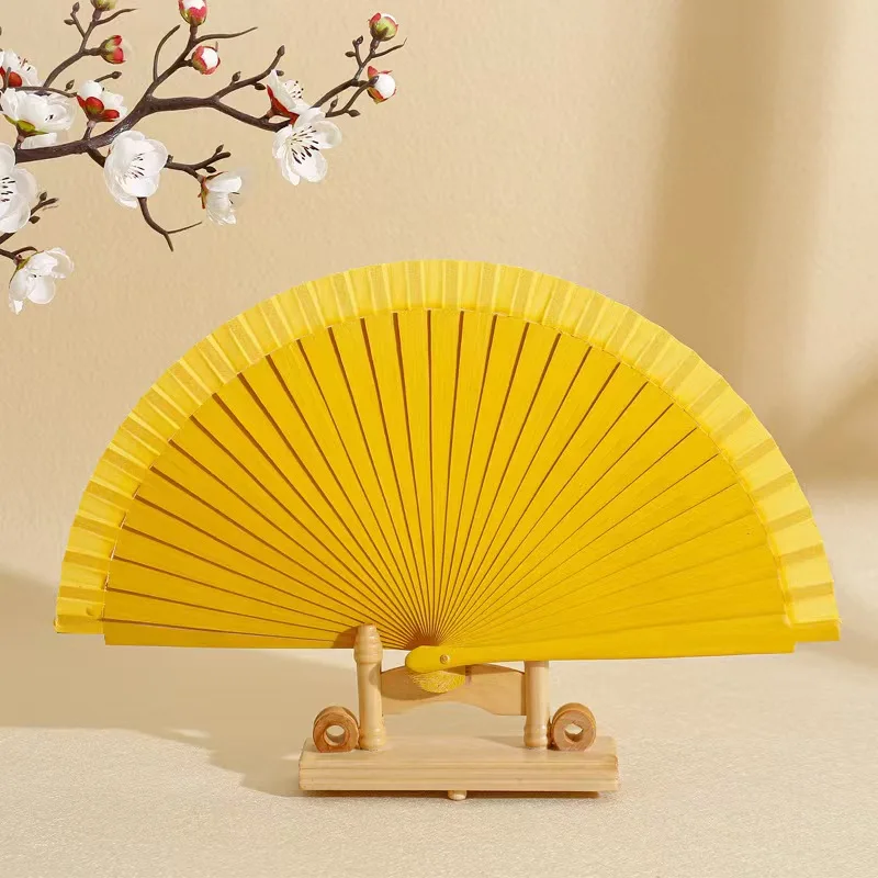 Fashion hand fan printed satin fabric customized bamboo wooden fan
