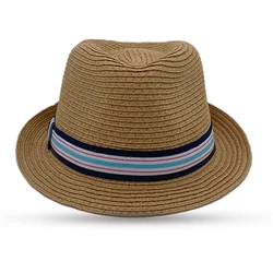 Оптовая продажа, уличная Складная светло-коричневая соломенная шляпа для мальчиков с полосатой лентой