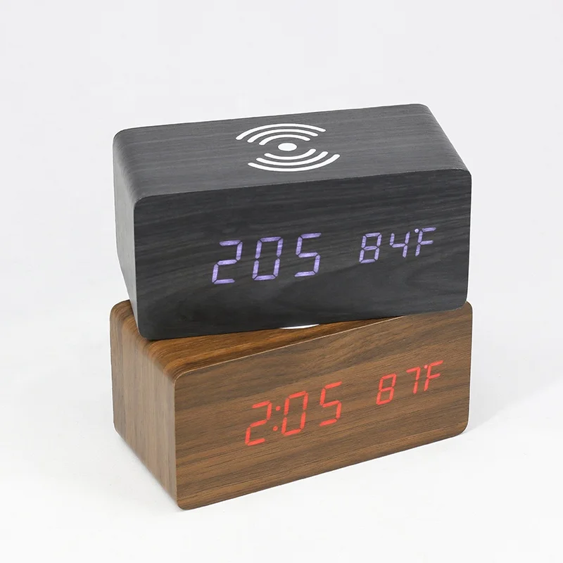 KH-WC028 LED Digital Alarm Clock Wood Phone Qi Wireless Charger with 2 USB Port Hub