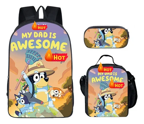 Customization cartoon blueyes dog cartoon image customize 3 in 1 polyester lunch bag pencil case kids school backpack bag set