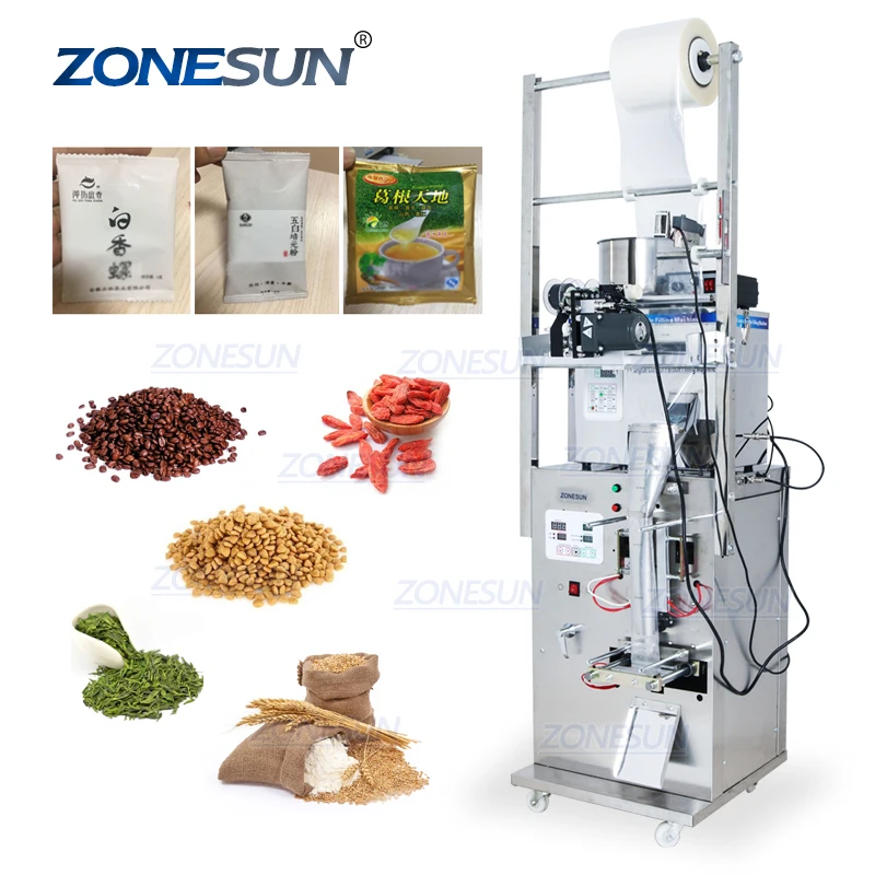 ZONESUN Food Coffee Bean Grain Automatic Weighing Packaging Machine Powder Filling Machine Bag Back Side Seal With Date Printer