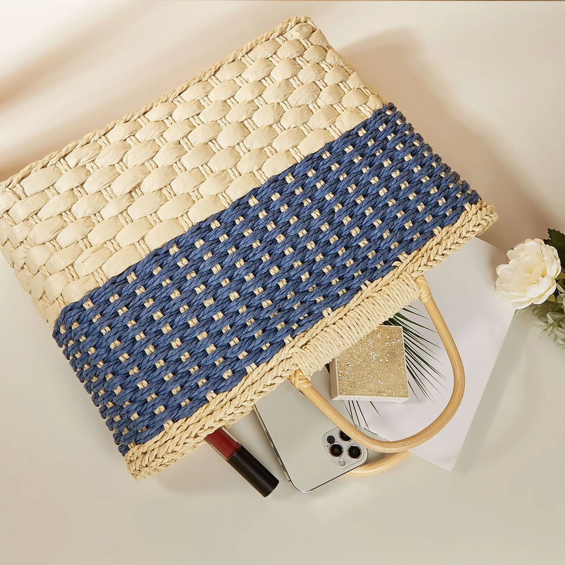 Fashion Casual Woven Handmade Ladies Straw Multicolor Basket Tote Bag Vintage Women Shopping Handbag Stick Handles Big Capacity