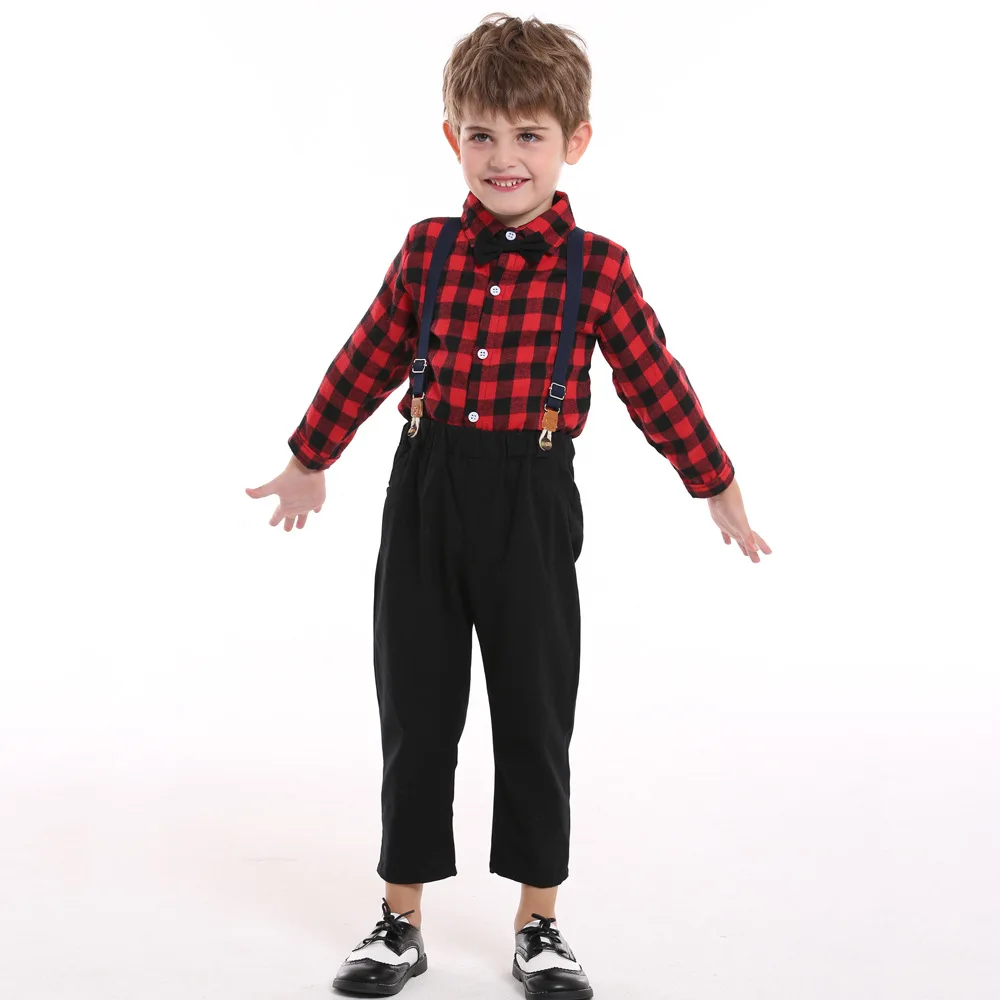 BEIBEIHAPPY Factory Direct Sale Party Boy Dressing Suit Kids Checkered Blouse Gentleman Style Children Formal Clothes Sets