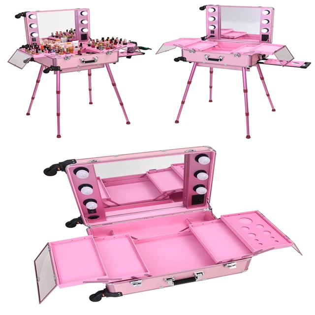 hot selling aluminum case with wheels trolley aluminium aluminum makeup cosmetic case with mirror lights bulbs legs stands trays