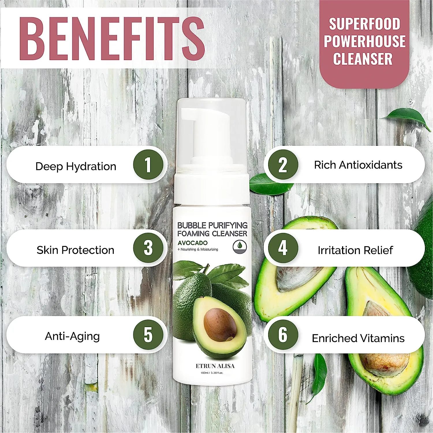 Natural Vegan Avocado Acne Bubble Face Wash Hydrating Gengle Low pH Cleanser for Sensitive Skin