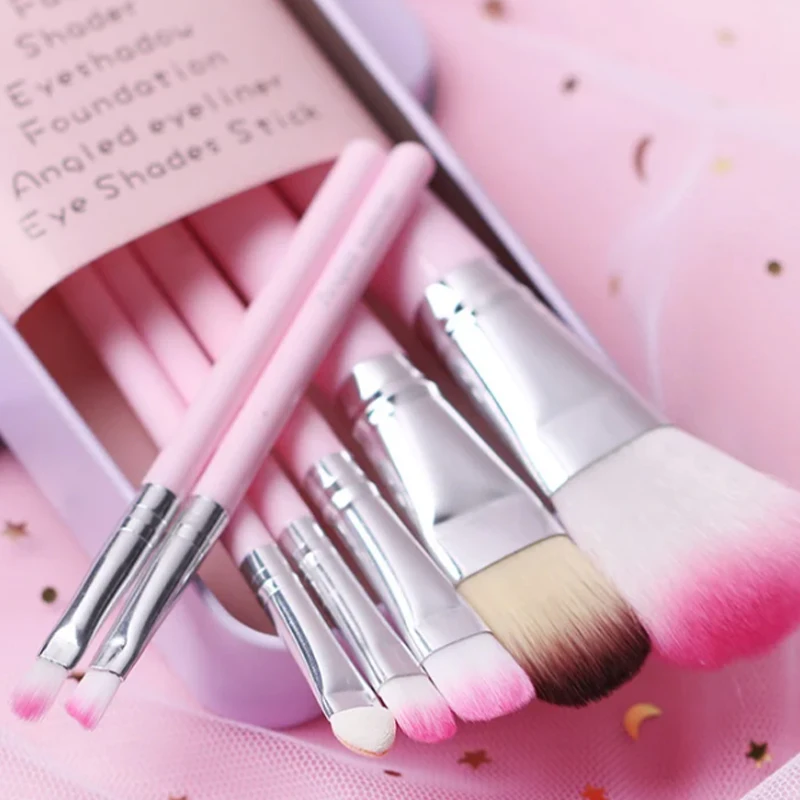 7 pcs in box hello kitty small makeup brushes with case travel size portable black powder foundation eye brushes set for make up
