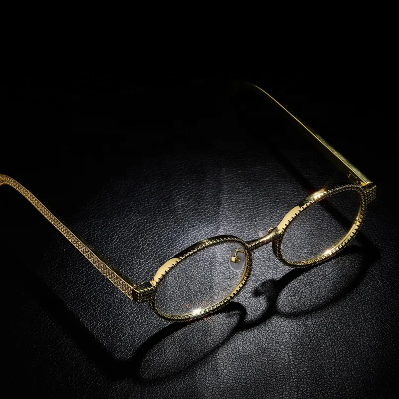 2021 Iced Out Gold Plating Glasses Retro Round Sunglasses Women Vintage Sun glasses Bling Cubic Zirconia Hip Hop Jewelry