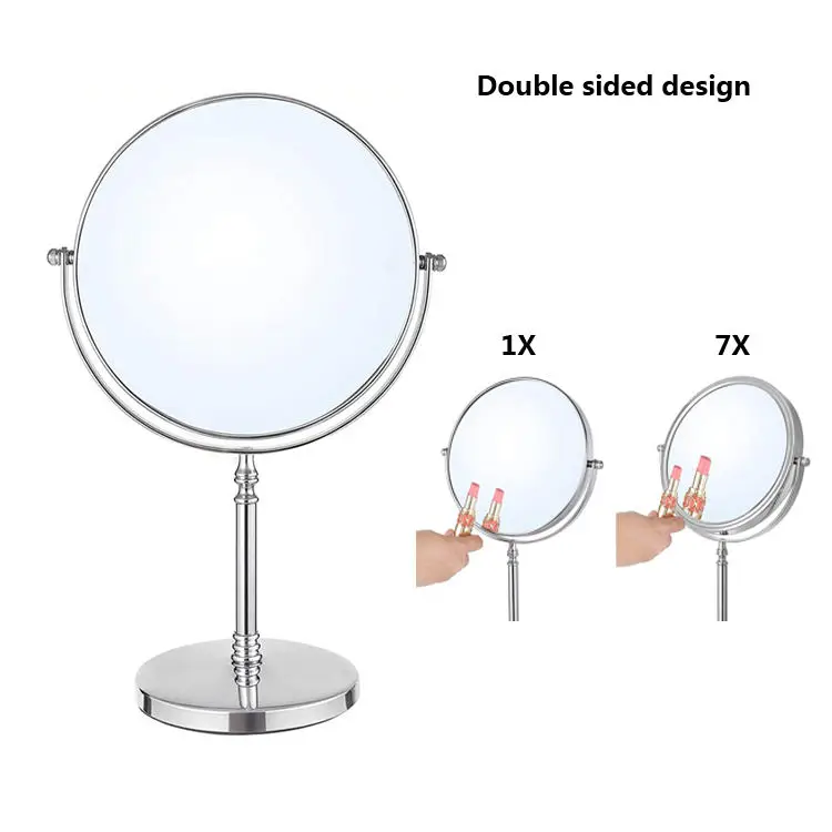 Docarelife Standing Private Label 1x 7x Magnifying Chrome Cosmetic Mirror 360 Rotatable Double Sided vanity two way round mirror