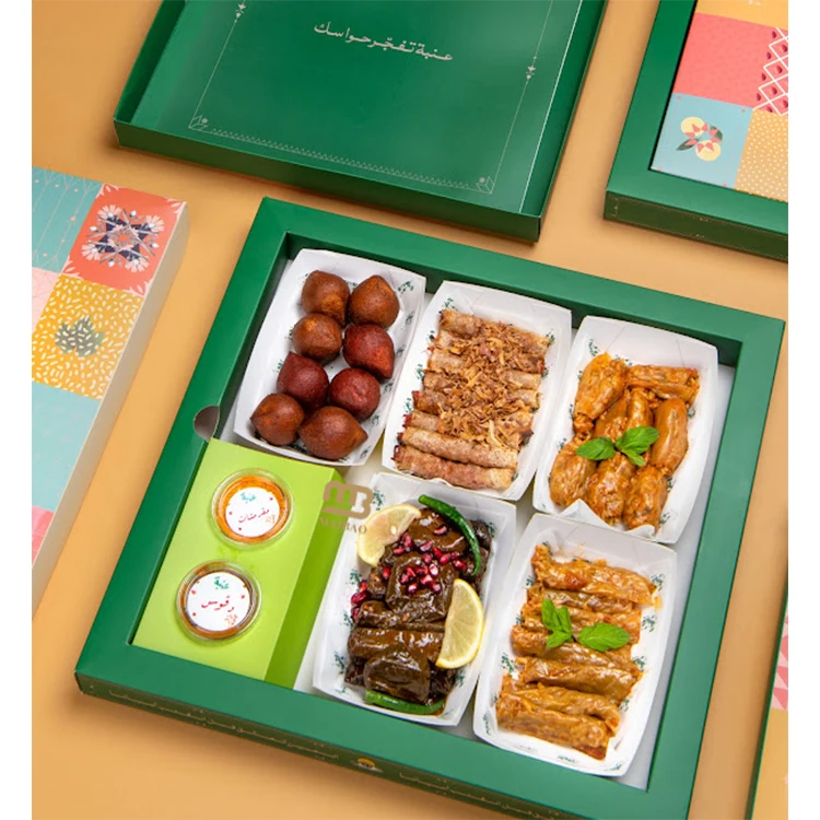 Custom arabic food packaging cheese rolls box lebanese stuffed grape leaves paper box takeaway vegan kibbeh balls box with dip