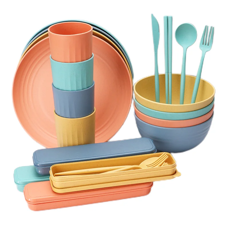 Amazon Bowl Cup Plate Vertical Set Home Salad Bowl Dinner Plate Mug Portable Tableware Cutting Board Wheat Straws