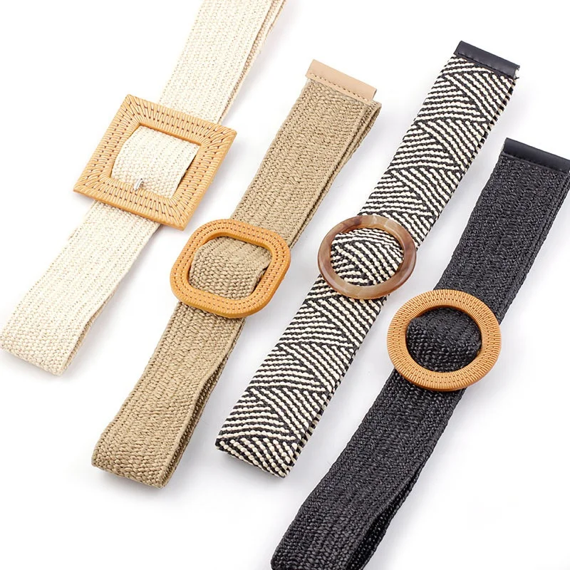 OEM Fashion PP Grass Woven Square Buckle Woven Braided Belt Waist Belts FOR Women Ladies Dress Accessories