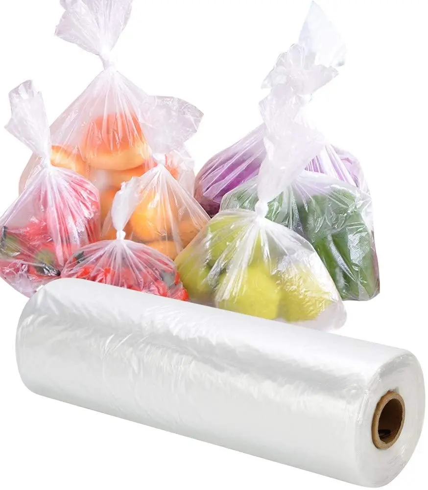 Food storage roll bags,  transparent produce bag on a roll,  bread and grocery disposable plastic roll bag