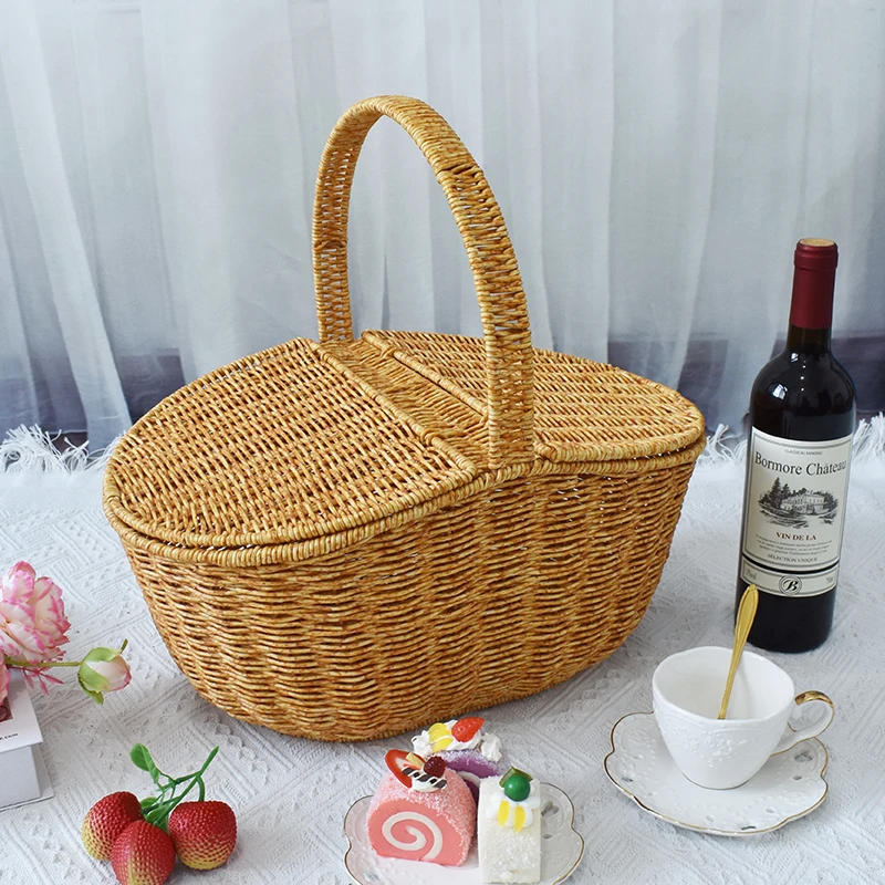 Handmade PP Plastic Picnic Basket Rattan Woven Storage Style with Lid Wholesale Wicker Picnic Basket