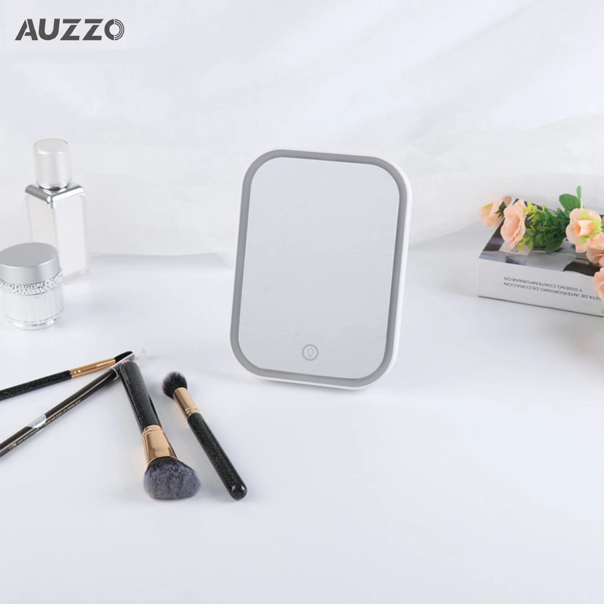 AUZZO 2023 Wholesale Custom Led Lighted Makeup Mirror Travel Desktop Dressing Table Portable Mirror For Women Girls