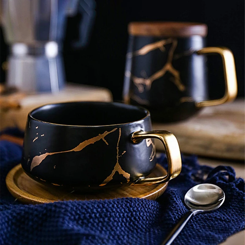 10 унций, Набор чашек с золотым ручным принтом, кофейная чашка, Набор бамбуковых блюдце