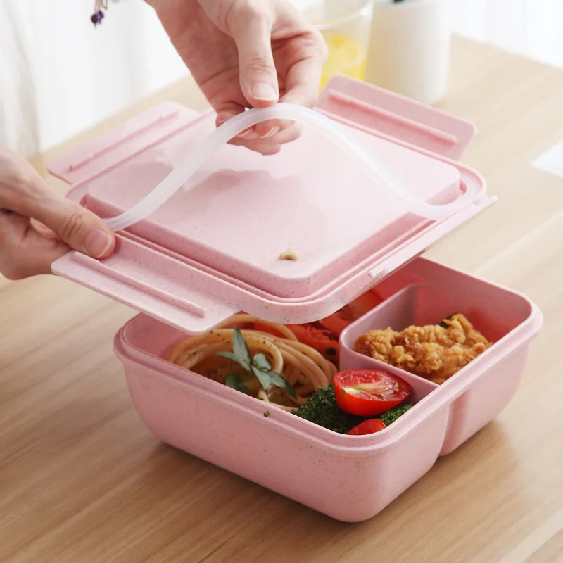 Enviromential Lunch box container with bamboo cutlery set Wheat straw material bento box