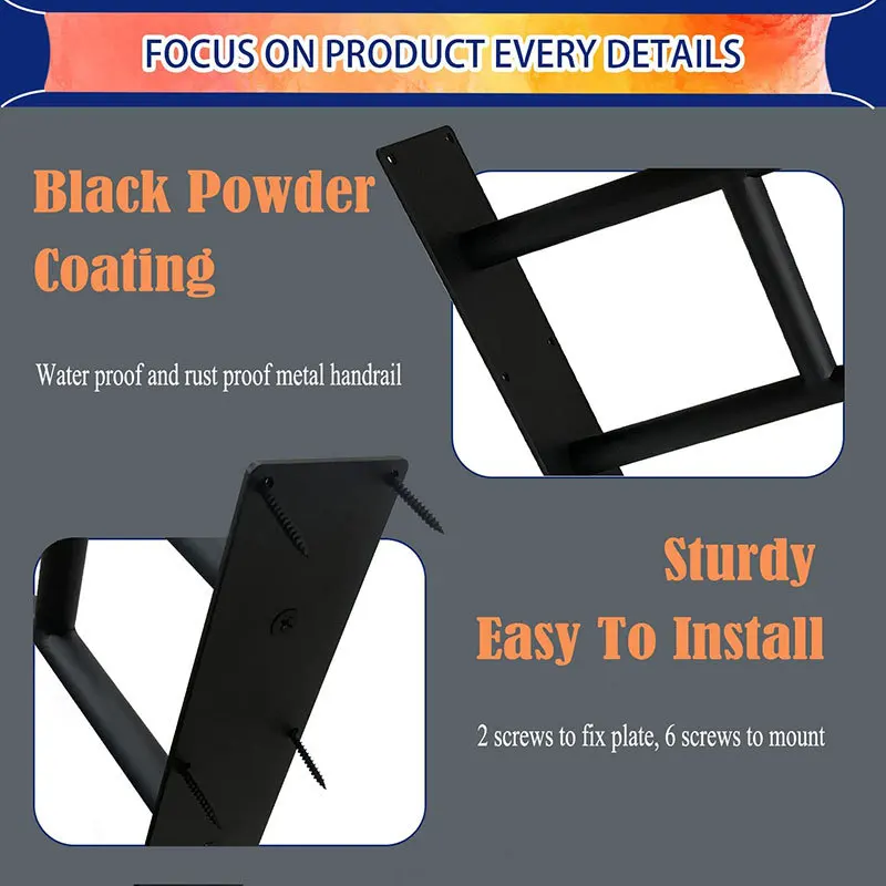 Factory Custom Black Powder Coated Non-Slip Metal Steel Pipe Outdoor Step Stairs U-Shape Wall Mounted Handrails