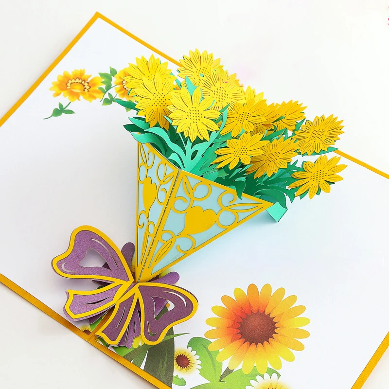 Customise Sun Flower Bouquet Handmade Paper Blank Thank You Greeting 3D Pop-up Cards