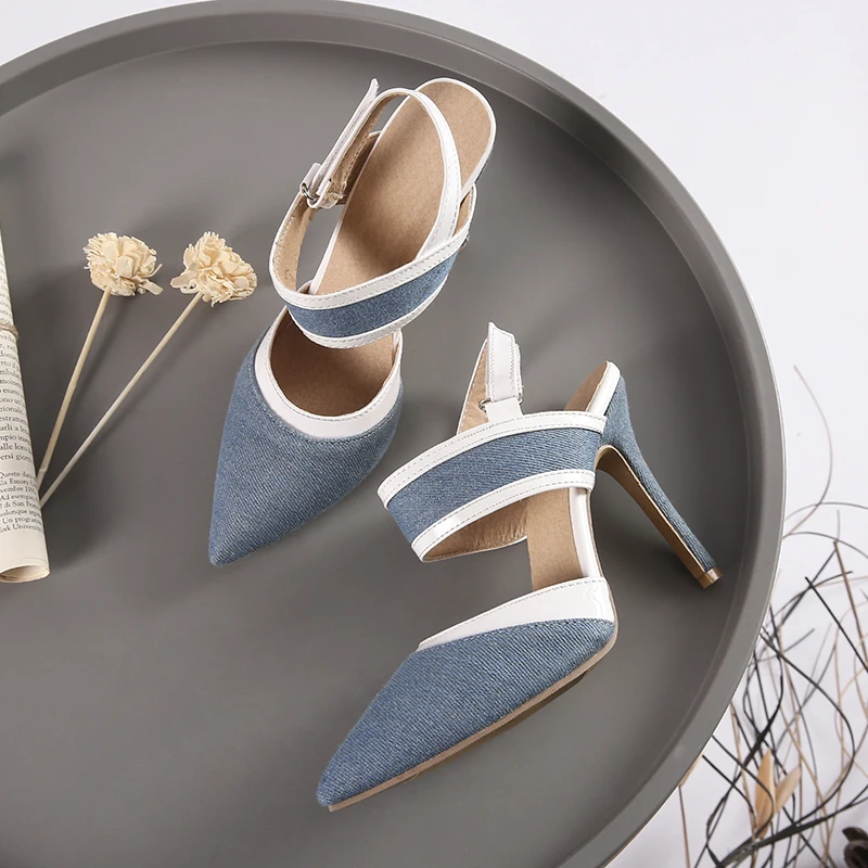 Party Sexy Patchwork High Heels Ladies Sandals Stiletto Thin Heel Pointed Toe Denim Black Blue Shoes