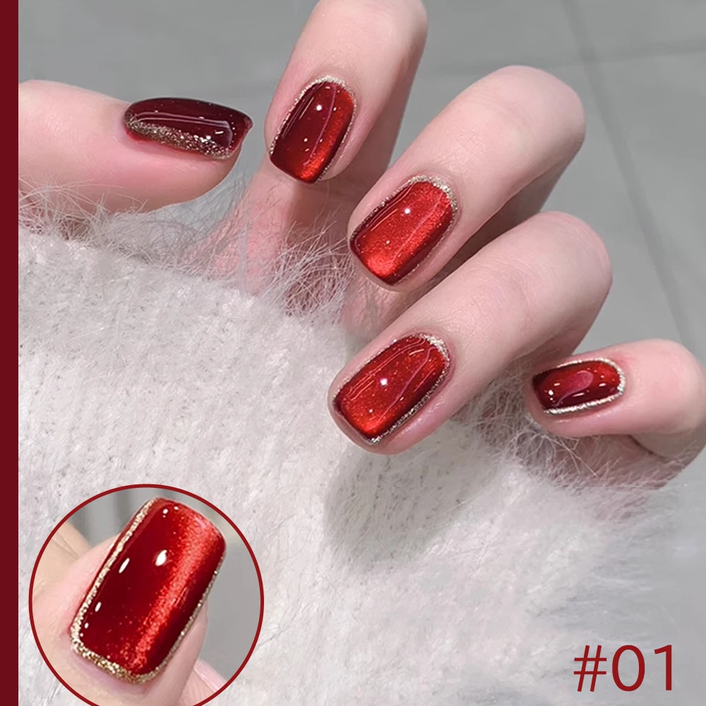ZRKGEL Glitter Cat Eye Gel Nail Polish Set 6 Colors Red Burgundy Gel Nail Polish with Magnet UV LED Soak Off Sparkle Nail gel