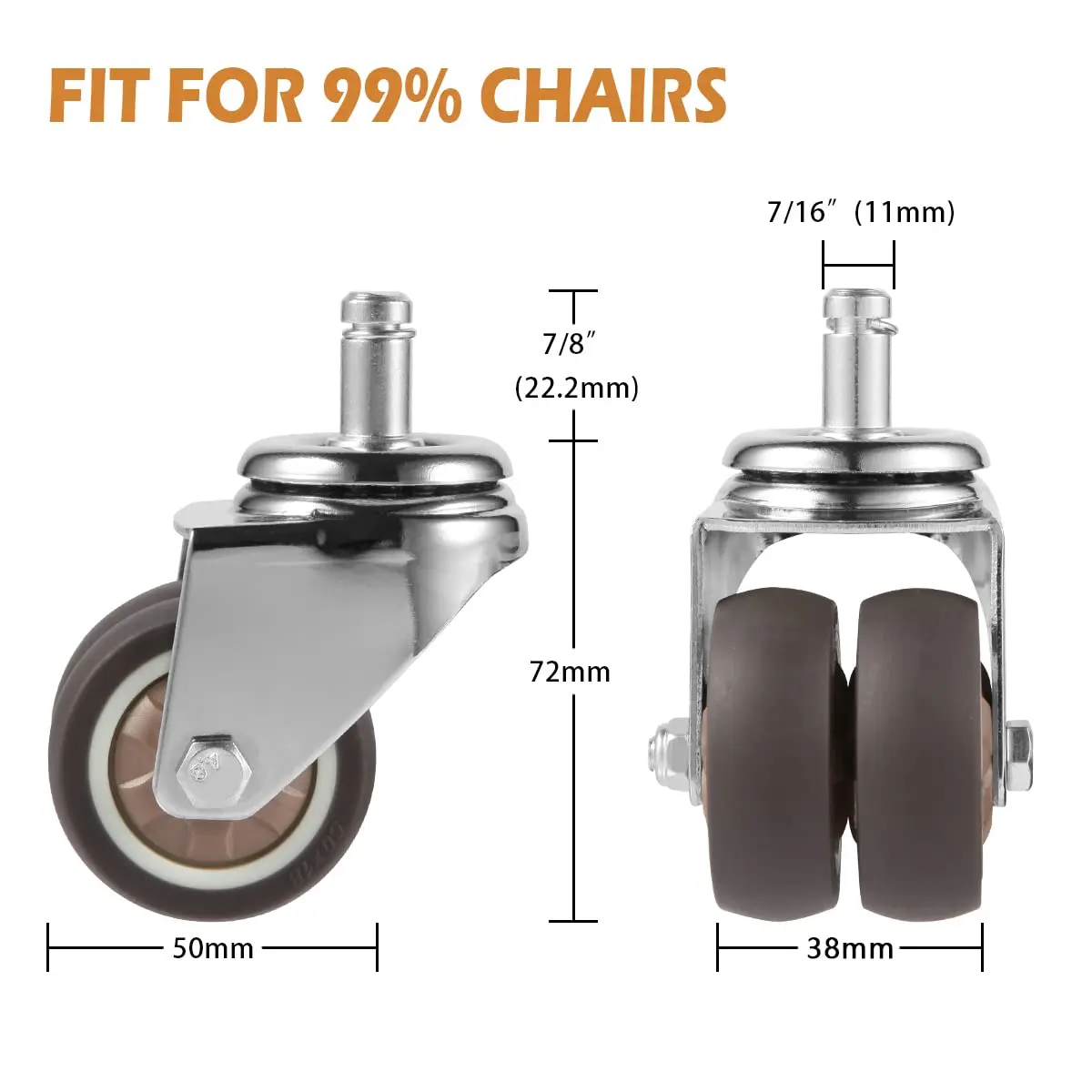 2 inch Office Chair Wheels with Standard Stem Size, Computer Gaming Chair Replacement Double Rubber Casters