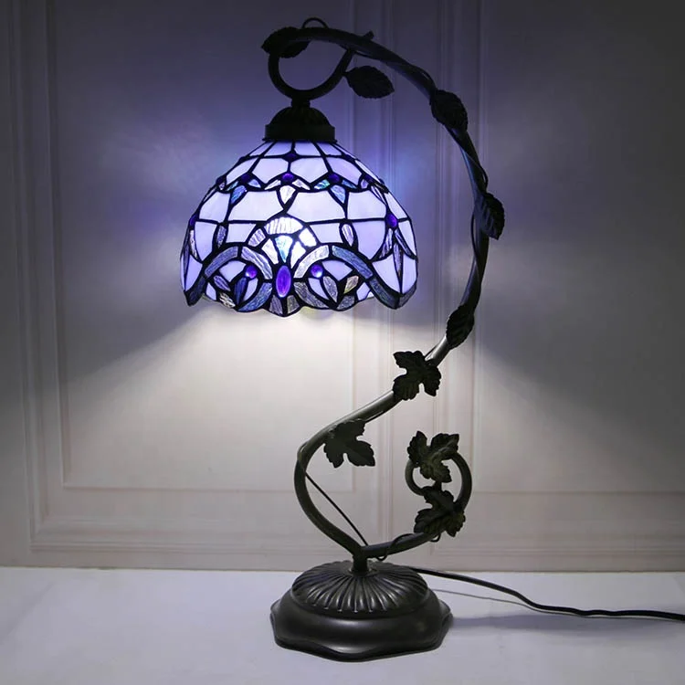 LongHuiJing Stained Glass Reading Lamp Table Light Blue Purple Desk Baroque Tiffany Style