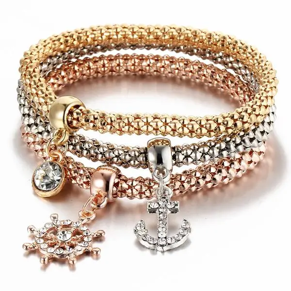Fashion 3Pcs Elastic Cubic Zirconia CZ Crown Bracelets Creative Gold Tone Popcorn Corn Chain Valentine Bracelets for Women 2020