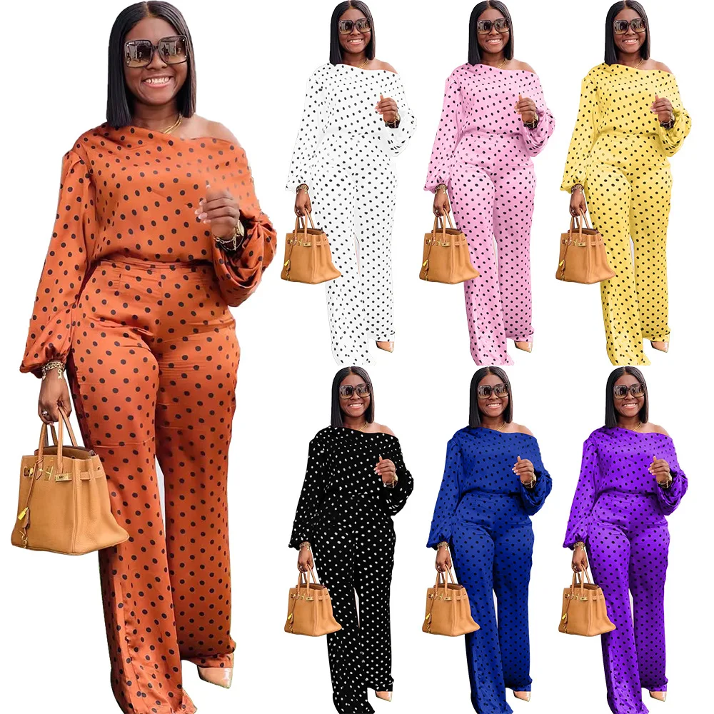 Hot Selling Long Sleeve Women Two Piece Pants Set For Casual Polka Dot Printed Women Set Two Piece Pants Set Women Clothing 2021