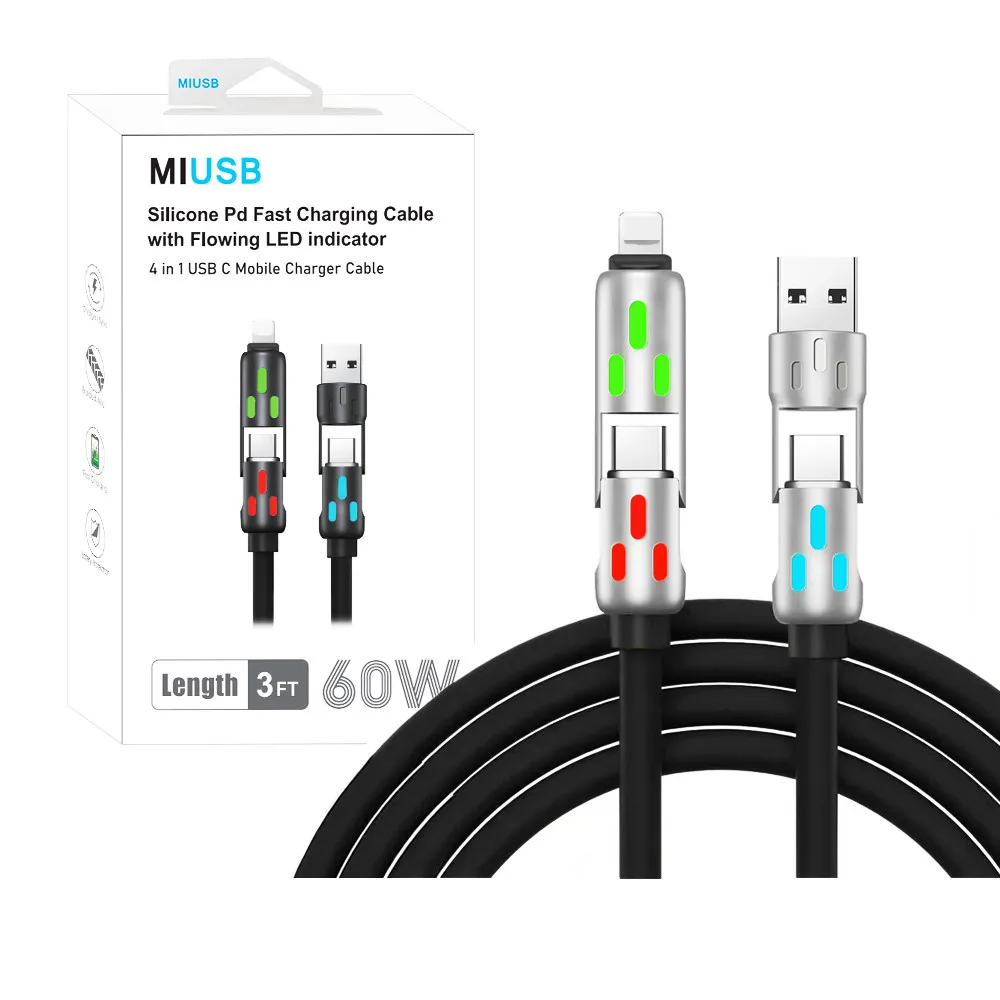 4 in 1 Multi Fast Charging Cable Dual Charger USB-C Cable, 27W-65W Fast Charge TPE Zinc Alloy Cable Compatible with All Phones