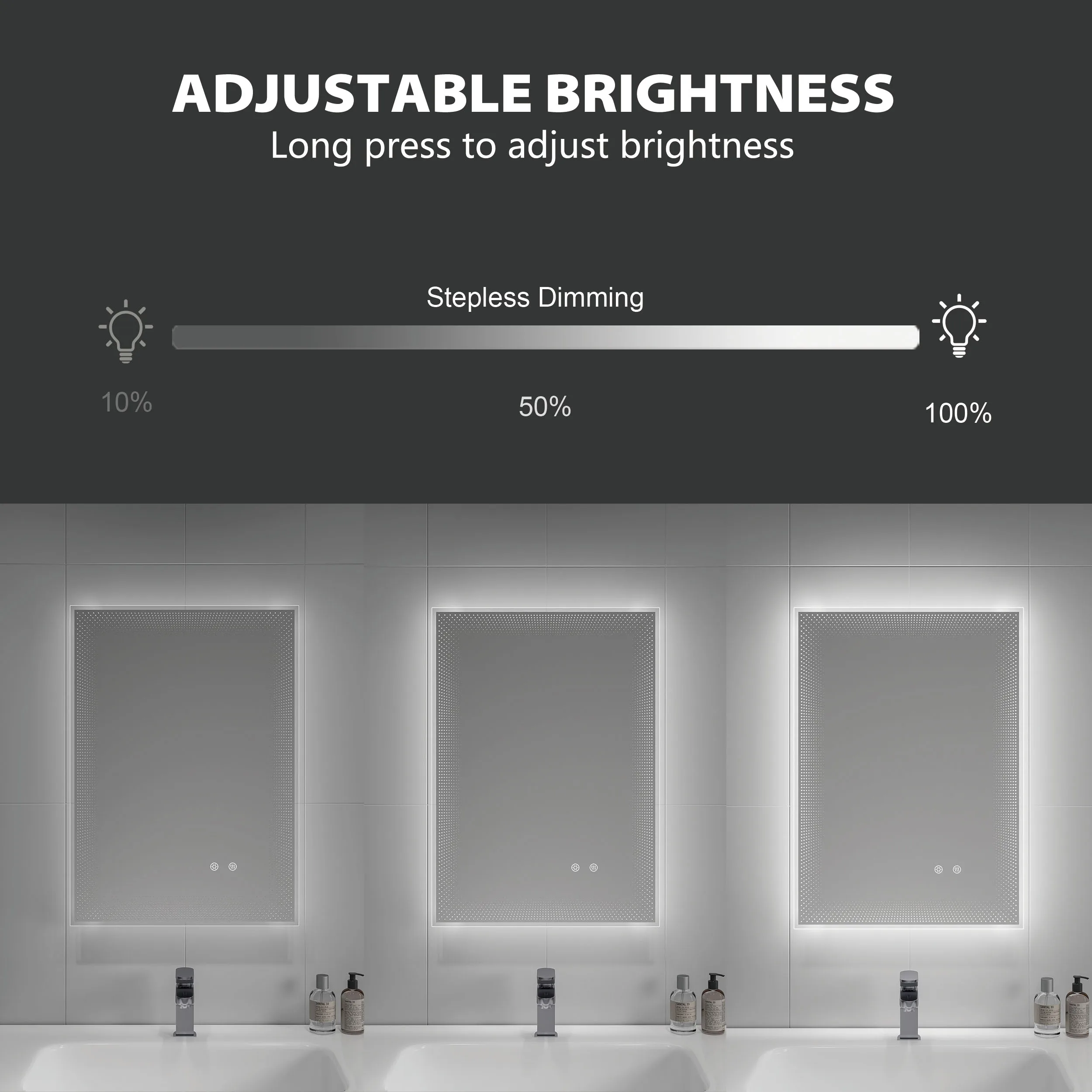 Wall Mounted Touch 3 Colors Dimmable Backlit 500 X 700 Rectangular Vanity Lighted With Lights Frameless Led Bathroom Mirror