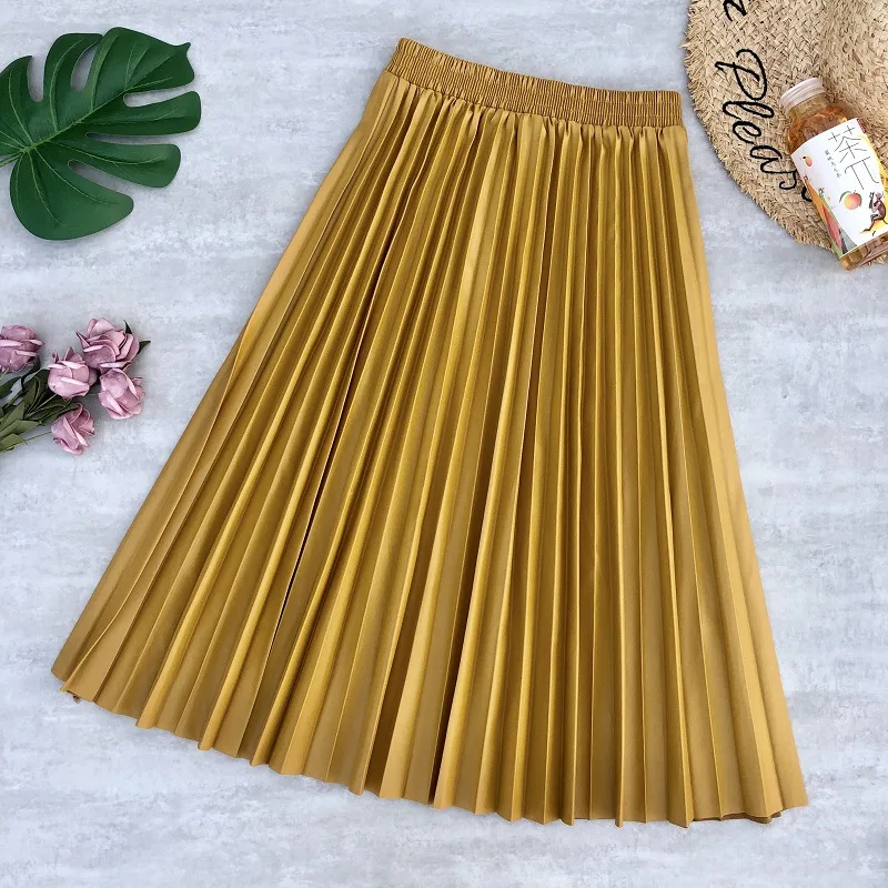 New Autumn Winter PU Leather Pleated Skirts Elastic High Waist Multi Colors Fashionable All-match Midi Skirt Female One Size